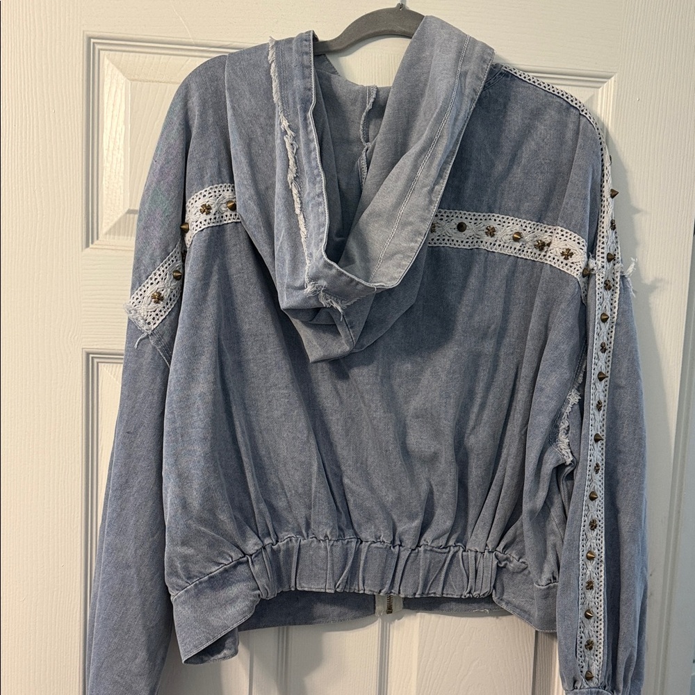 POL Large Denim and Lace Hooded Zip-Front Jacket NEW - Picture 4 of 4